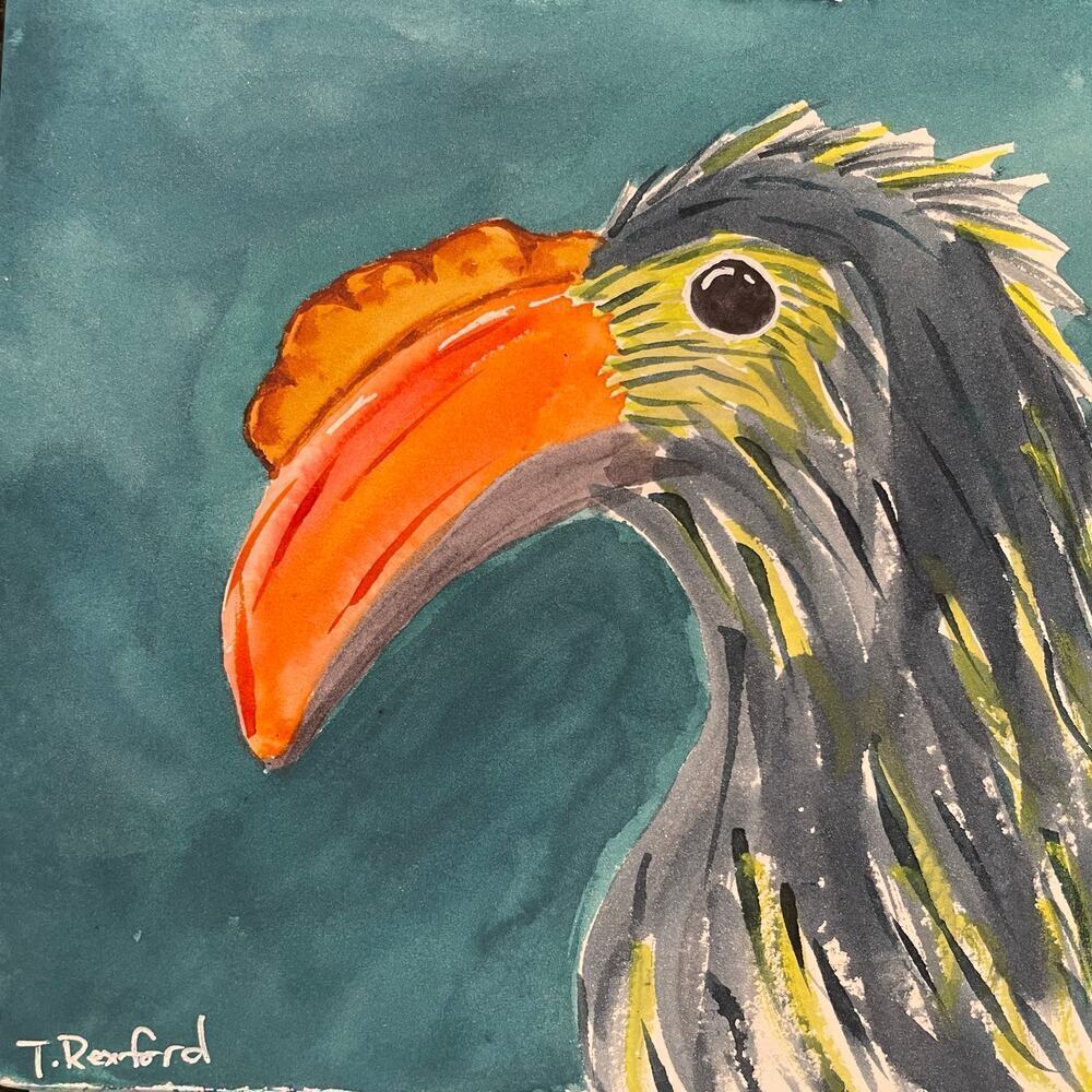 Hand painted watercolor original painting horned bird 6x6”